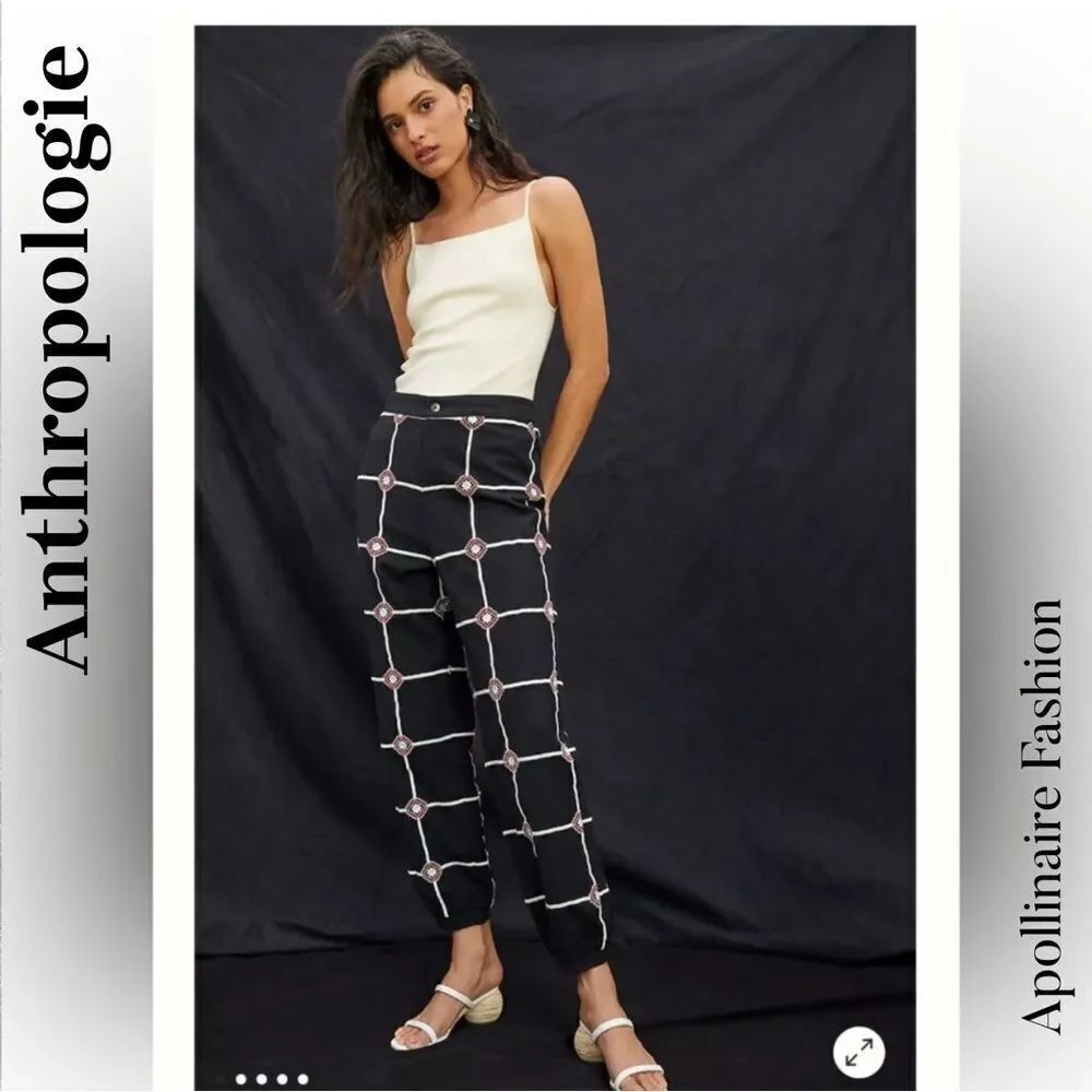 Anthropologie Lattice embroidered joggers Black Red motif in Medium NWT